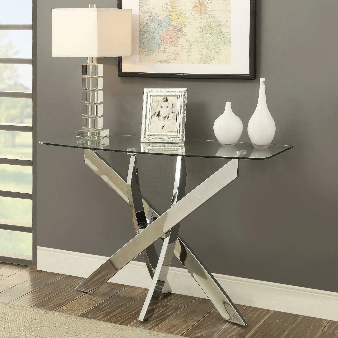 New 🌟 Contemporary & Modern Console Tables Furniture Of America Myron Contemporary Style Chrome Base Sofa Table 🤩 - Image 2