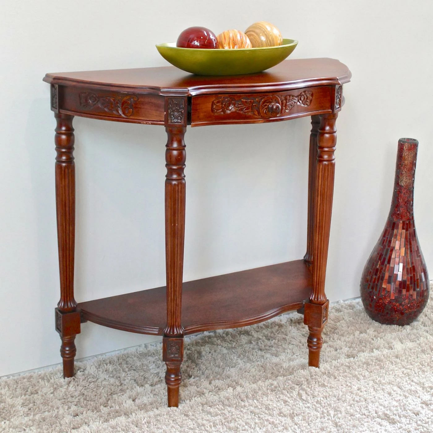 Deals β€οΈ Classic & Traditional Console Tables International Caravan Windsor Hand Carved Walnut Stain Half-Moon Wood Console Table β