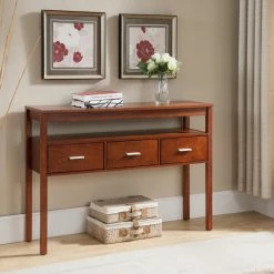 Deals 🛒 K&B Furniture Contemporary & Modern Console Tables K&B Furniture Walnut Wood 3 Drawer Console Table With Shelf 🧨