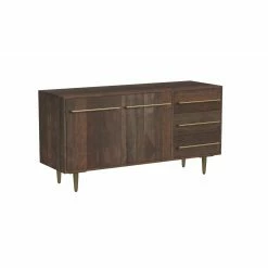 Discount 🧨 Mid-Century Modern Console Tables Powell Keavy 2-Door 3-Drawer Console - Dark Brown With Gold Accents 🌟