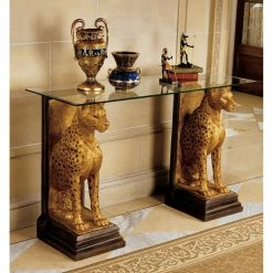 Budget ⭐ Contemporary & Modern Console Tables Design Toscano Royal Egyptian Cheetahs Sculptural Glass-Topped Console 🤩
